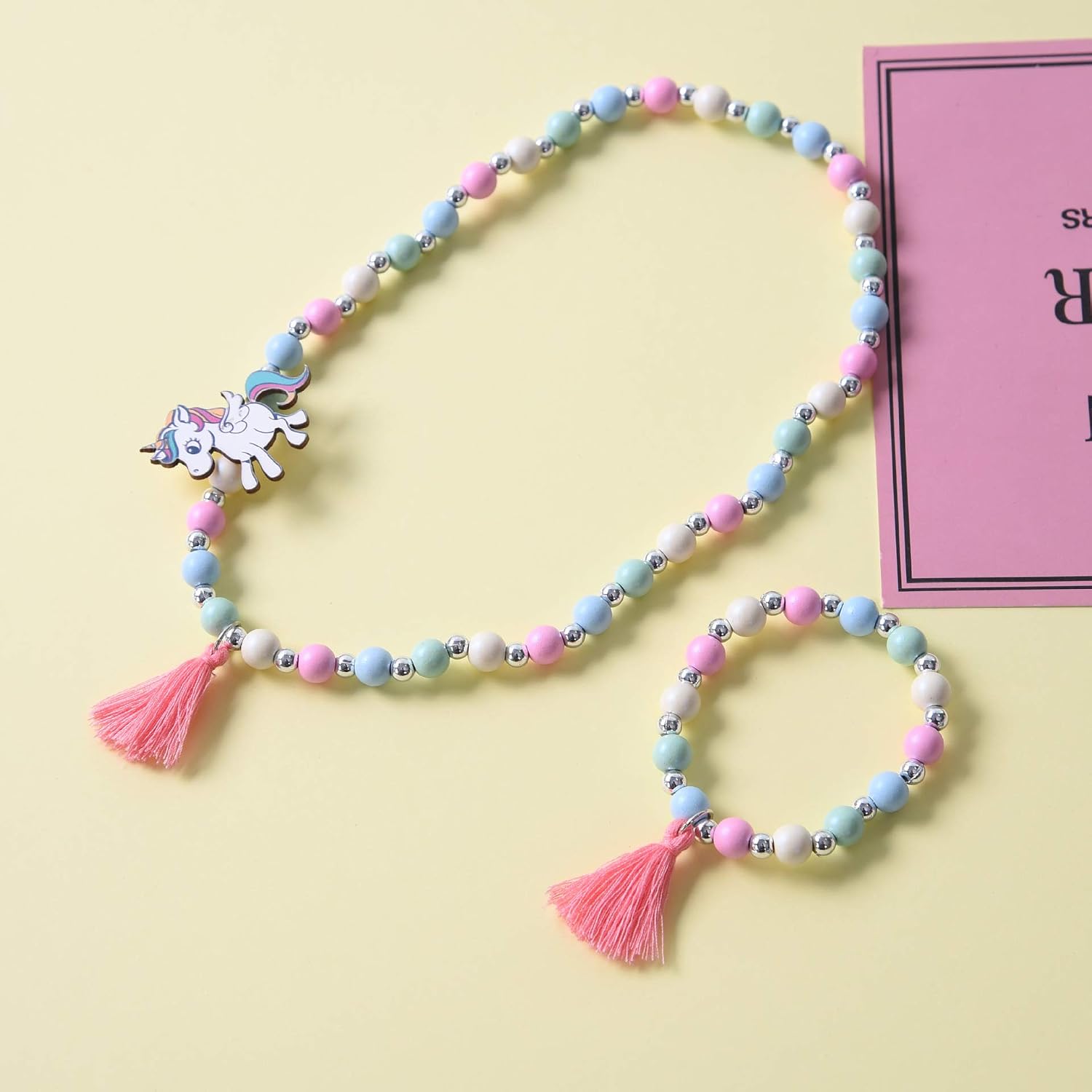 El Regalo Kids/Toddlers/Girls Wooden Beads Handmade Necklace & Bracelet Jewelry Sets (1 Necklace & 1 Bracelet): Kids Princess Jewelry Set (Unicorn Teasel Jewelry Set)