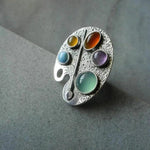 El Regalo Artistic Painter's Palette Finger Ring - Silver Plated Adjustable Ring with Multicolor Stone Cabochons - Unique Bohemian Jewelry for Women & Girls