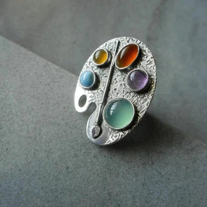El Regalo Artistic Painter's Palette Finger Ring - Silver Plated Adjustable Ring with Multicolor Stone Cabochons - Unique Bohemian Jewelry for Women & Girls