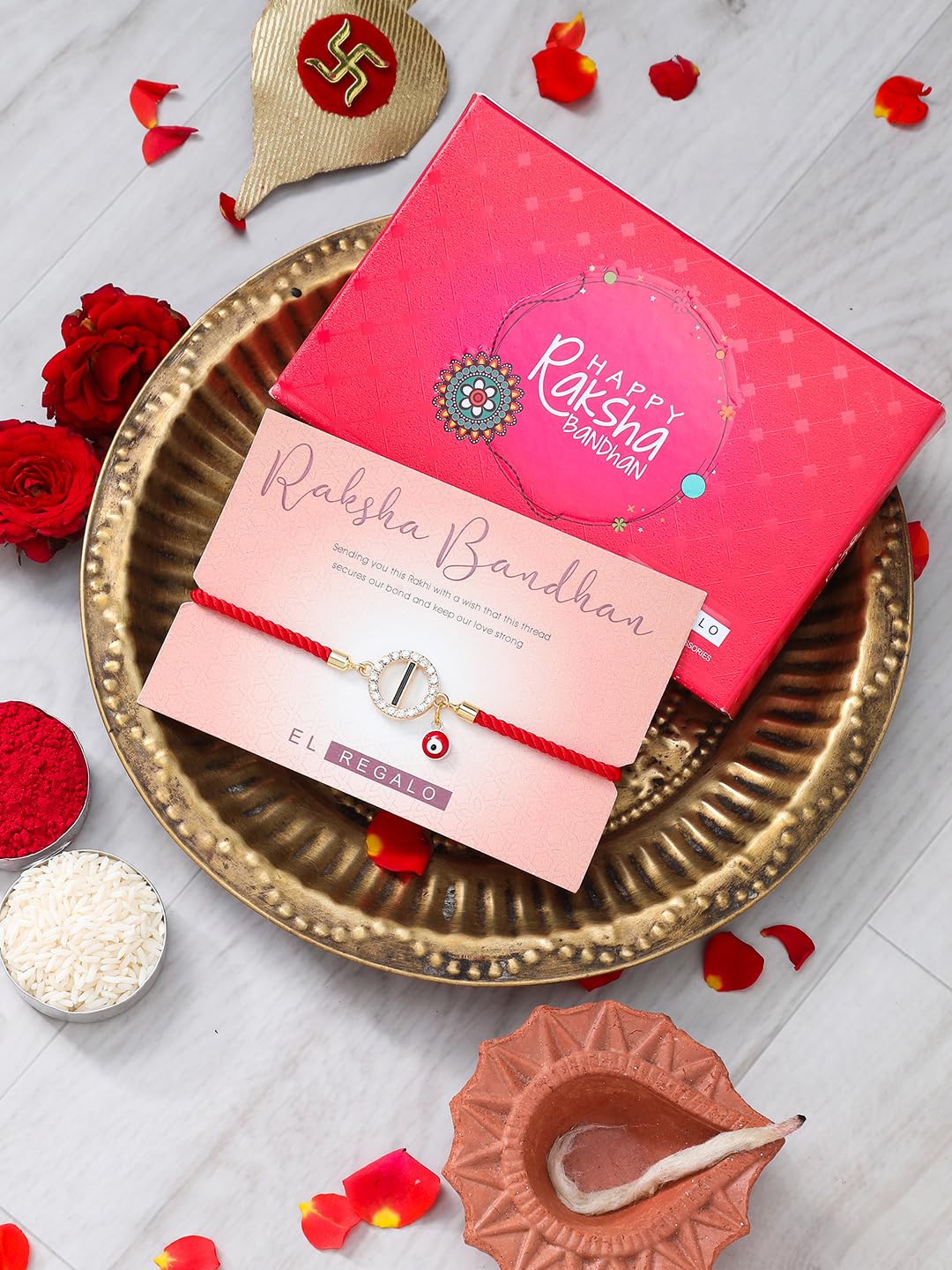 El Regalo Name Initials Evil Eye Bracelet Rakhi for Brother- Name Letter CZ Rakhi with Roli Chawal, Message Card in Rakshabandhan Box for Bhai (Red- I)