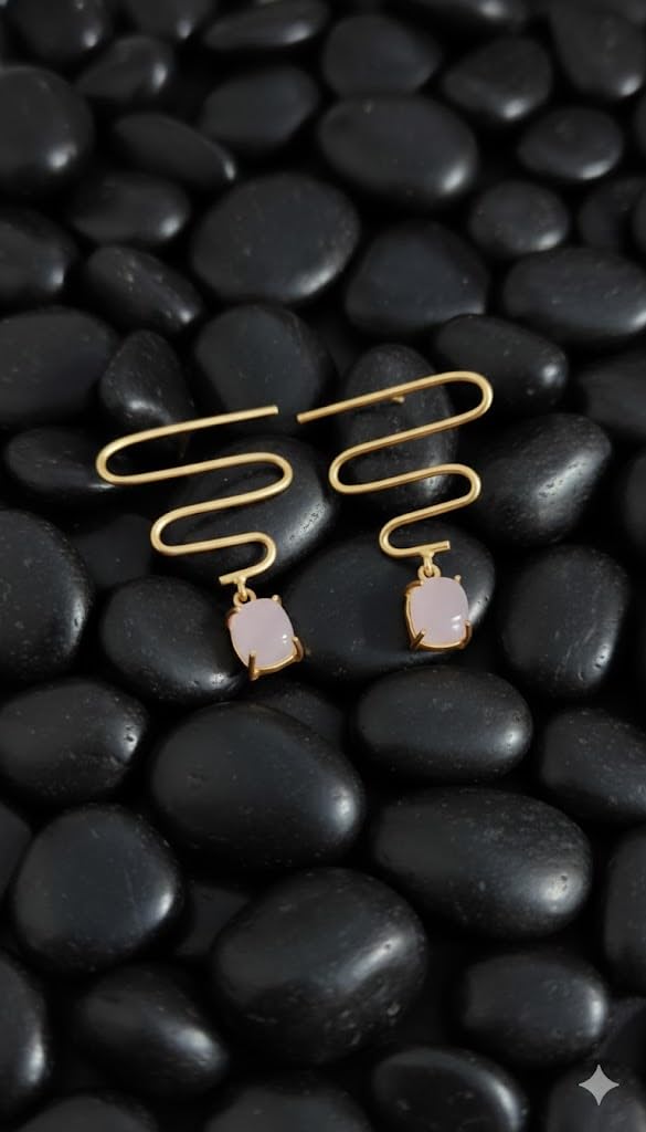 El Regalo Modern Zigzag Brass Statement Drop Earrings for Women & Girls - Contemporary Geometric Handmade Jewelry with Rectangle Stones Drops - Studs for For Western & Ethnic Wear (Rose Pink)