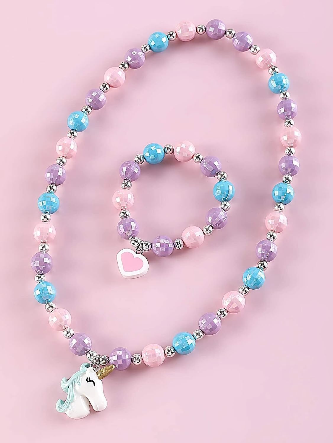 El Regalo 2 PCs Kids Girls Colorful Jewelry Sets - Kids Candy Color Unicorn, Mermaid, Rainbow themes based Necklace & Bracelets Sets for Girls & Toddlers (Unicorn Necklace & Bracelet)