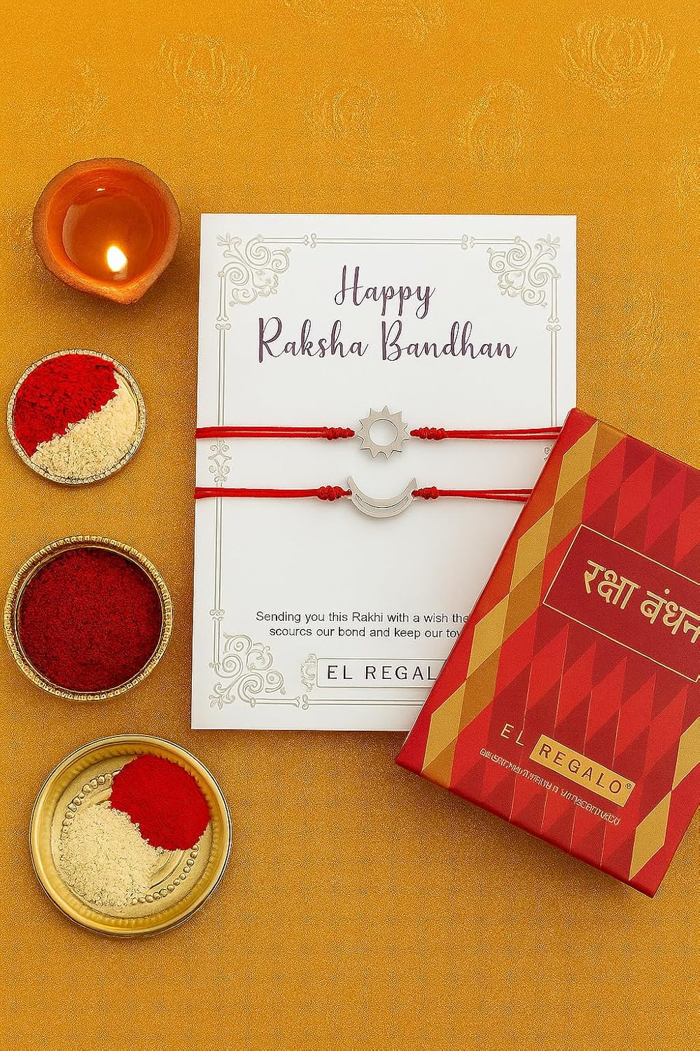 El Regalo 2PCs Sun Moon Adjustable Rakhis for Brother- Simple & Elegant 2 Rakhis with Roli Chawal, Message Card in Rakhi Box for Bhaiya-bhabhi (Red)