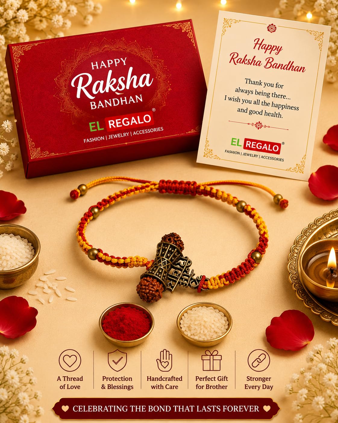 El Regalo Rudraksha Rakhi- Om Namah Shivay Rudraksha Rakhi for Bhai/Brother - Traditional Yet Elegant Rudra Shiva Rakhi