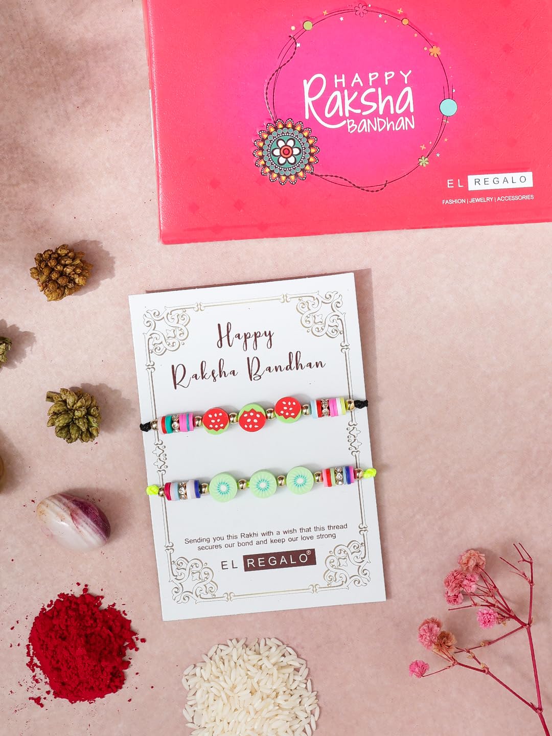 El Regalo 2PCs Cute Kids Fruits Beads Bracelet Rakhis Set for Brother/Bhai - Kids Rakhis with Roli Chawal in Gift Box - Adorable Fruit Charm Rakhis for Boys (Cute Rakhi Set-3)