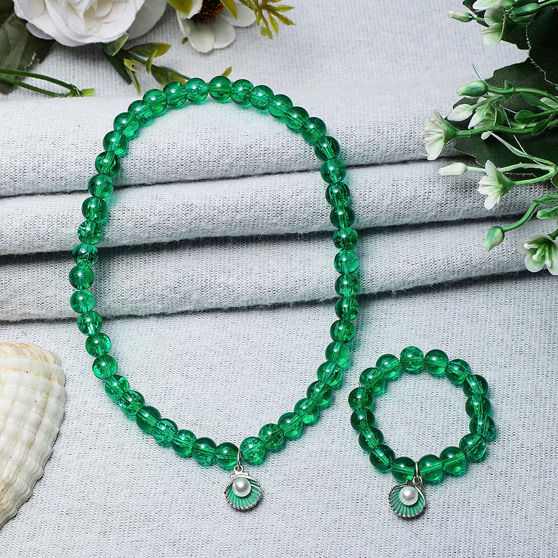 El Regalo 2 PCs Resin Shell Pendant Colorful Sparkly Crackle Beads Pendant Necklace & Bracelet Set for Kids/Girls- Christmas/Birthday Gift for Girls Kids (Green)