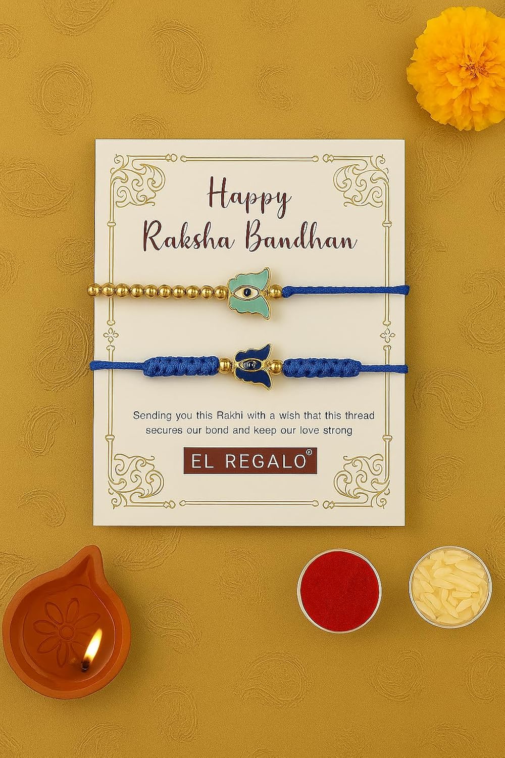 El Regalo 2PCs Evil Eye Rakhi Combo for Brother - Stylish Beaded & Thread Set with Roli Chawal - Raksha Bandhan Pack for Bhaiya, Boys, Girls, Men - Comes on Designer Rakhi Card (Option-1)