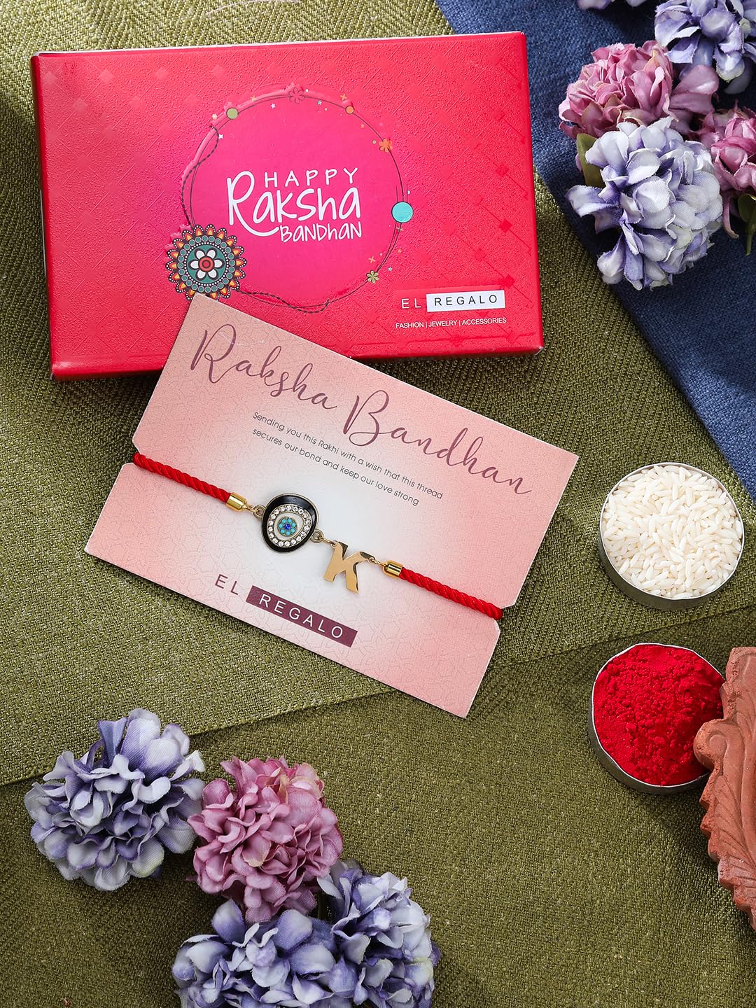 El Regalo Name Initials Evil Eye Bracelet Rakhi for Brother- Name Letter CZ Rakhi with Roli Chawal, Message Card in Rakshabandhan Box for Bhai (Black-N)