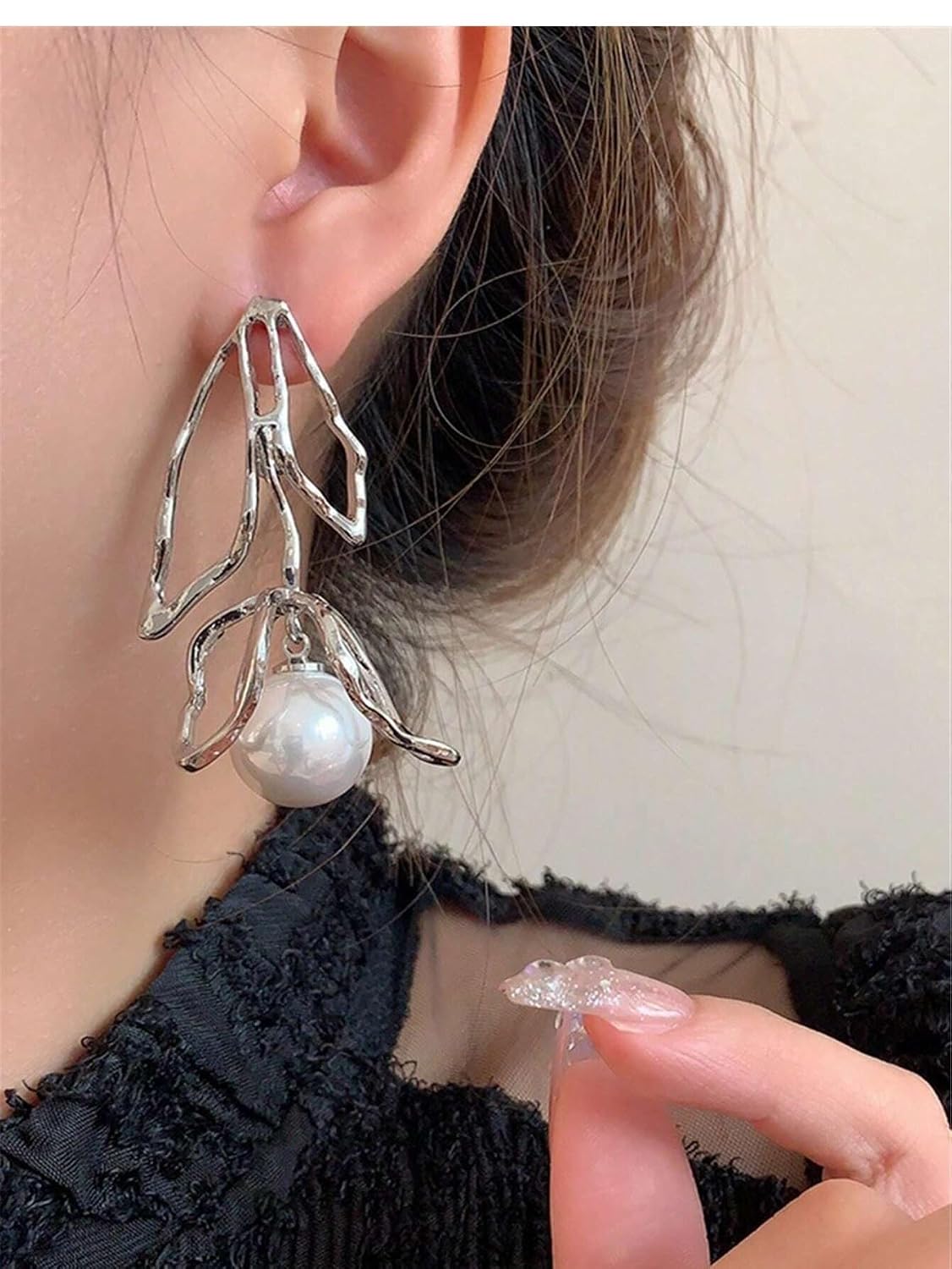 El Regalo Exaggerated Irregular Pearl Statement Earrings- Striking European Design, Lightweight Leaf Pattern Earrings with Dangling Pearls