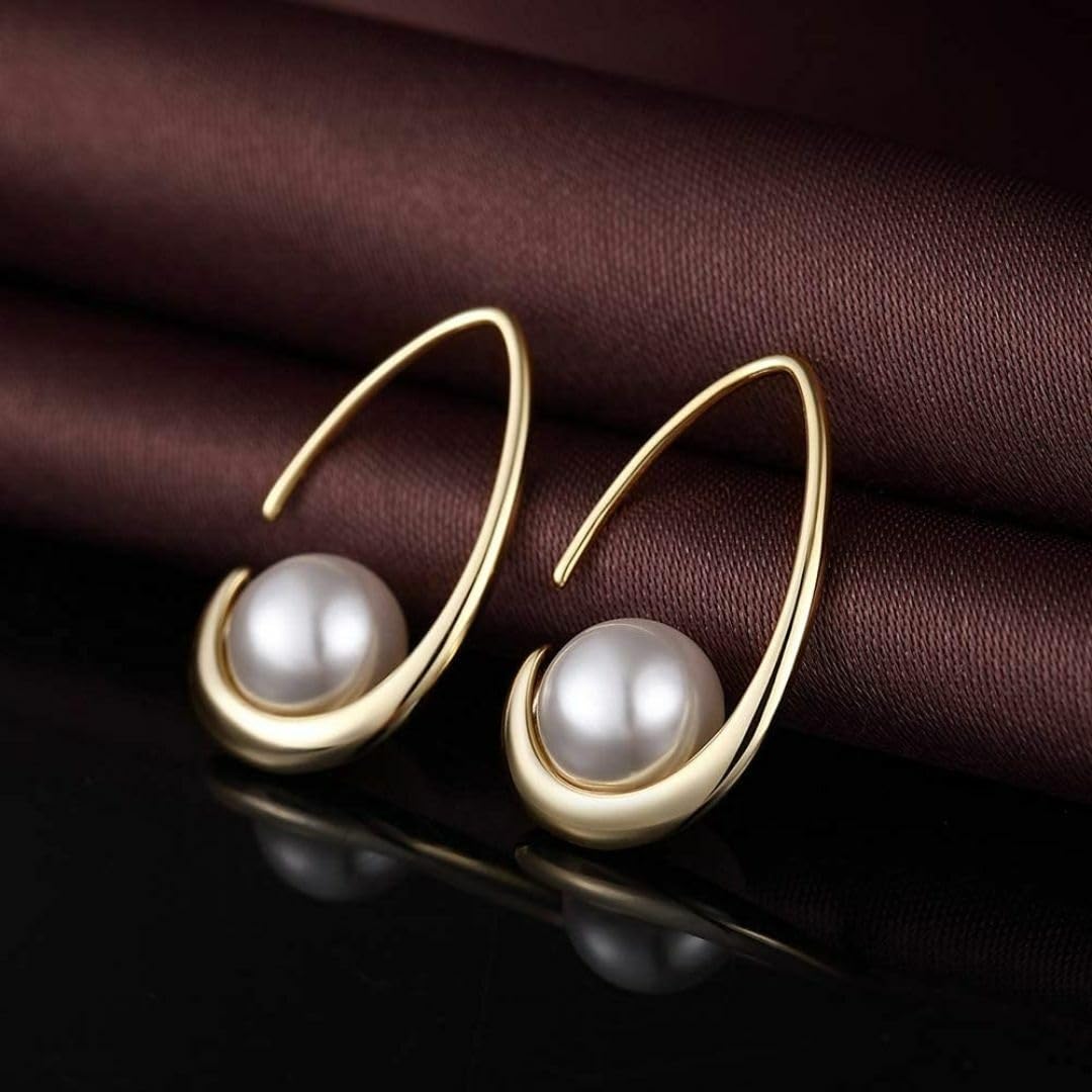 El Regalo Retro Chunky C Shaped Pearl Earrings | Open Waterdrop Hoop Earrings for Women & Girls - Fashionable, Elegant, Timeless Silver & Gold Design (Gold)