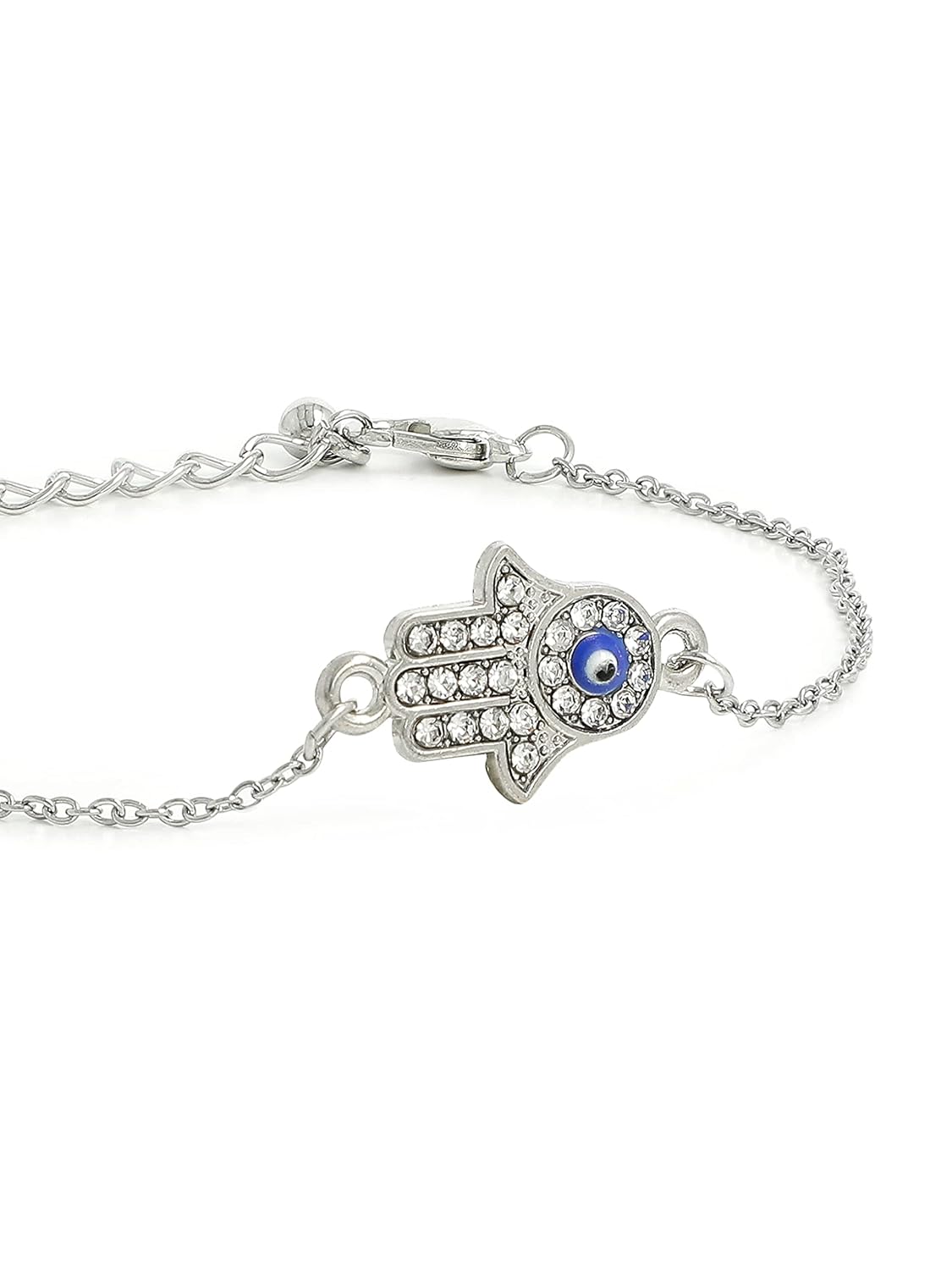 El Regalo 1PC Hamsa Hand CZ Evil Eye Chain Rakhi for Brothers | Lucky Evil Eye Rakhis with Roli Chanwal, Rakhi Message card in Rakhi Gift Box for Bhai/Bhabhi/Niece or Nephew (Silver Hamsa Hand)