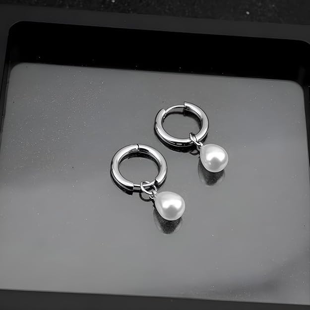 El Regalo Stainless Steel Pearl Drop Hoop Earrings for Women | Small Huggie Hoop Earrings with Pearl Pendant | Waterproof Anti Tarnish Modern Earrings for Girls | Minimalist Cute Jewelry (Silver)