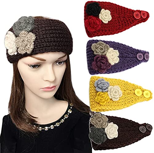 El Regalo Winter Knitted Headband Knitted Headwrap with 3D Colorful flower & Button for Girls & Women - Ear Warmer Hair Muffs Band | Winter Designer Headbands for Teens & Women (Black)