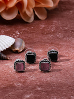 El Regalo 2 Pairs Silver Replica Oxidized Stud Earrings for Girls & Women - Square Monalisa Stone Brass Earrings - Traditional Antique Look Earrings (Option-5)