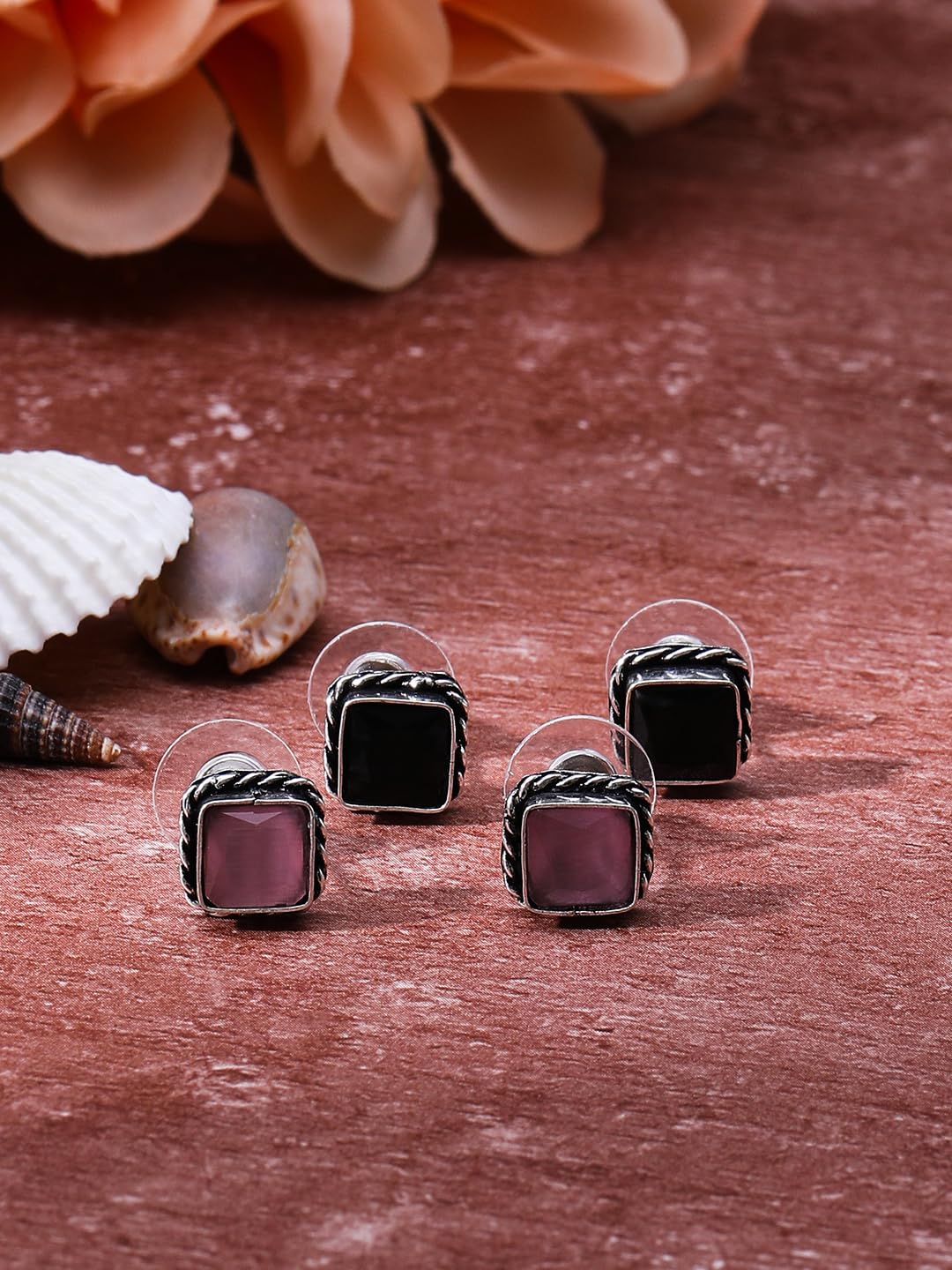 El Regalo 2 Pairs Silver Replica Oxidized Stud Earrings for Girls & Women - Square Monalisa Stone Brass Earrings - Traditional Antique Look Earrings (Option-5)