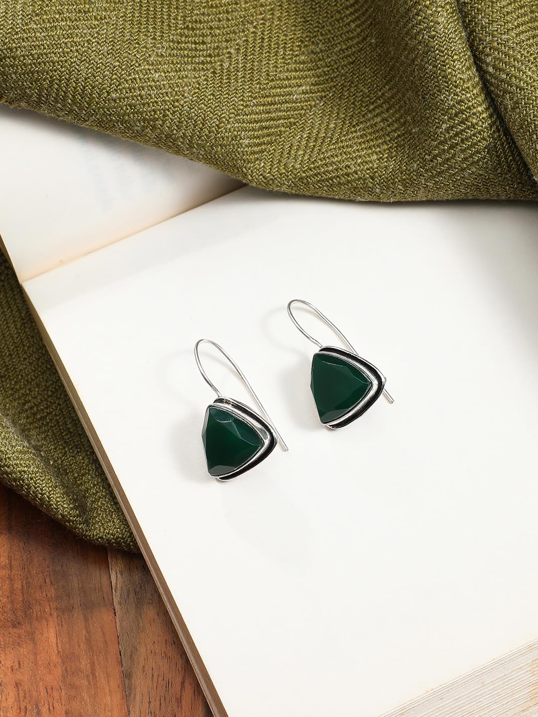 El Regalo 925 Silver Plated Hook Earrings for Women- Elegant Cushion Pyramid Half Bezel Stones (Green)