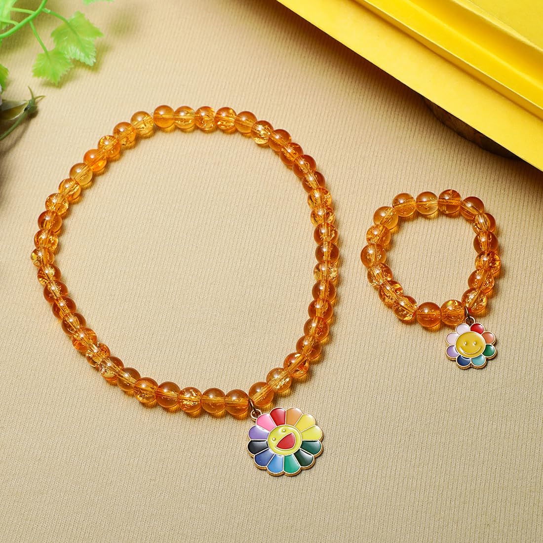 El Regalo 2 PCs Shiny Crackled Beads Kids Girls Necklace & Bracelet Jewelry Sets - Cute Kids Charms Jewelry with Sparkly Beads for Kids/Toddlers Girls (Smily Flower Jewelry Set)
