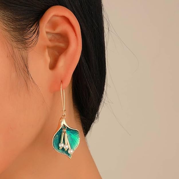 El Regalo Peacock Pearl Orchid Earrings- Enamel Glaze Orchid Leaf Pearl Hook Earrings for Girls & Women