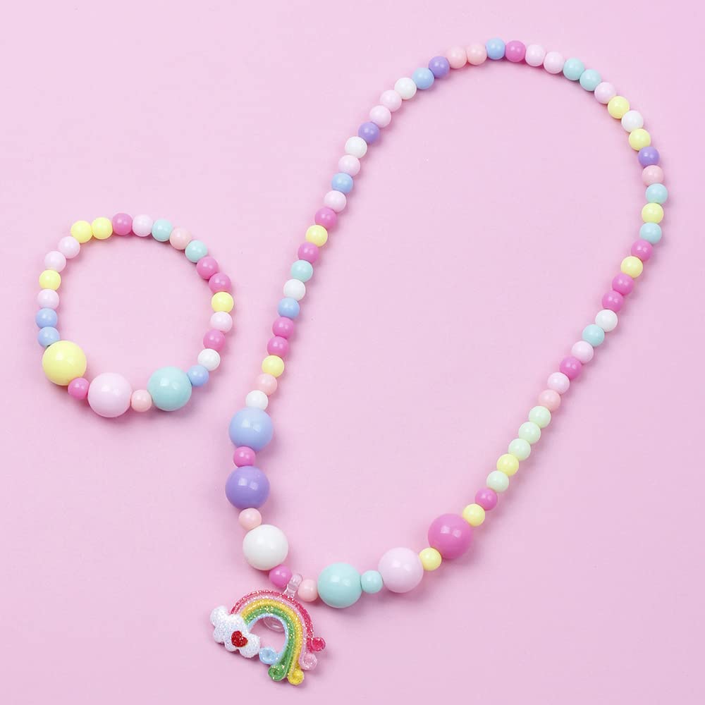 El Regalo 2 PCs Kids Girls Colorful Jewelry Sets - Kids Candy Color Unicorn, Mermaid, Rainbow themes based Necklace & Bracelets Sets for Girls & Toddlers (Colorful Beads Rainbow Set)