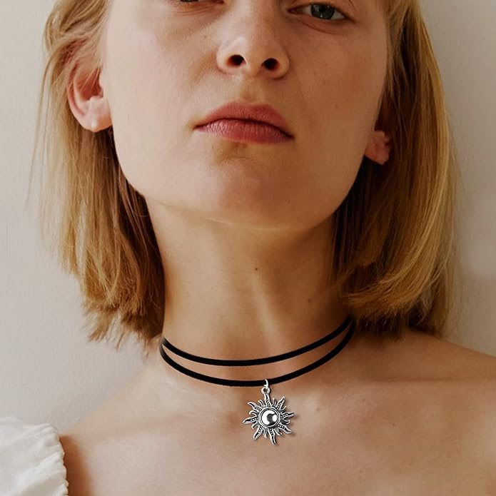 El Regalo 1PC Retro Gothic Sun or Crescent Moon Charm Choker Necklace- Faux Leather Double Layer Sun/Moon Pendant Necklace for Girls & Women (Gothic Sun)