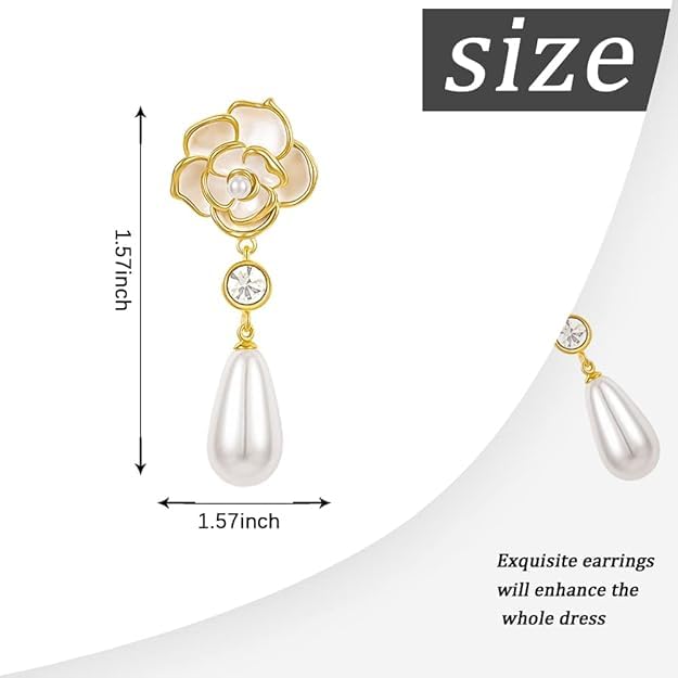 El Regalo Women's & Girl's Elegant White Camellia Flower Pearl Stud Earrings-