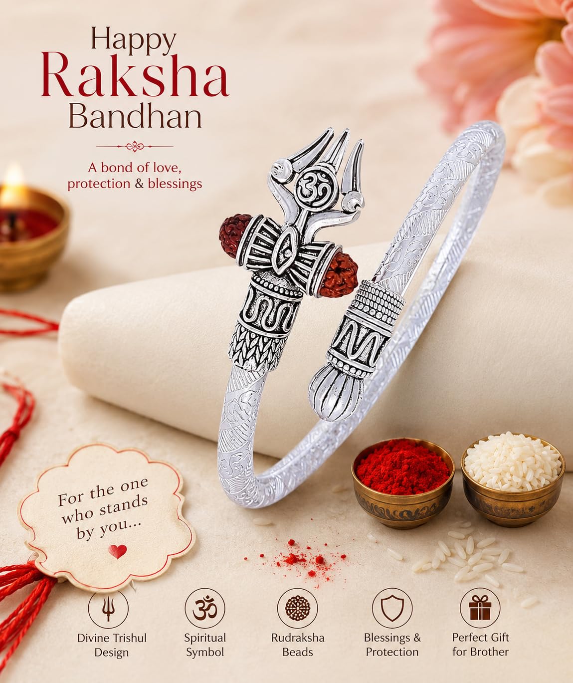 El Regalo Trident Rudraksha Kada Bracelet Rakhi for Brother/Bhai- Rudraksha Trishool Silver Plated Rakhi for Bhaiya with Roli Chawal, Card in Rakhi Gift Box