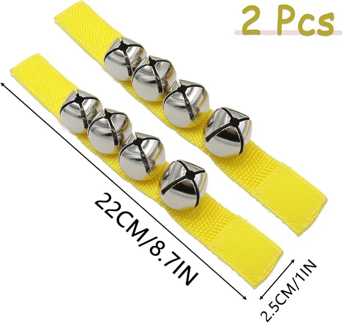 El Regalo 2PCs Jingle Bells Christmas Bracelets | Wrist & Ankle Bells for Party Favors, Musical Rhythm & Christmas Decor | Adjustable Percussion Instruments (Yellow)
