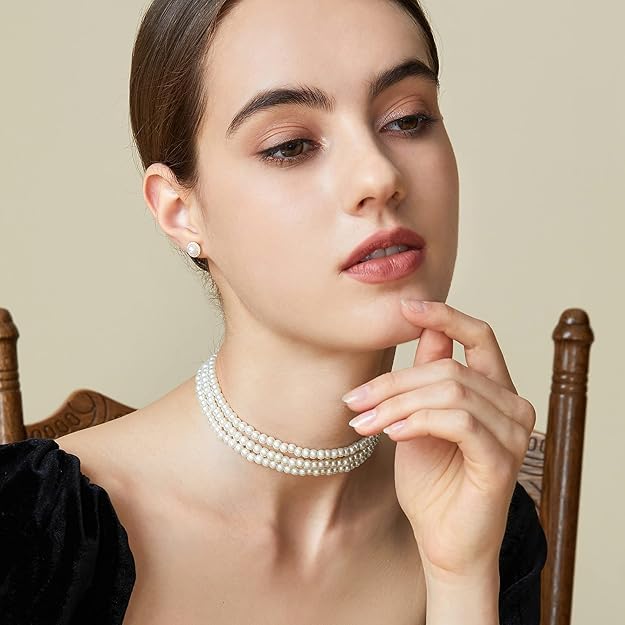 El Regalo Elegant Round Imitation Pearl Multi Strands Choker Necklace for Girls & Women- Party Pearl Necklace with Stainless Steel Chain