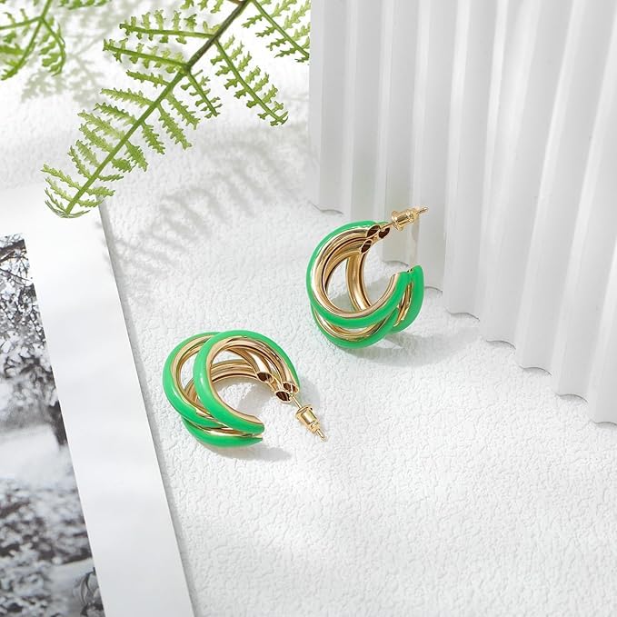 El Regalo Gold Chunky Triple Open Hoop Earrings for Women & Girls | Trendy Minimalist Statement Jewelry (Jade Green)