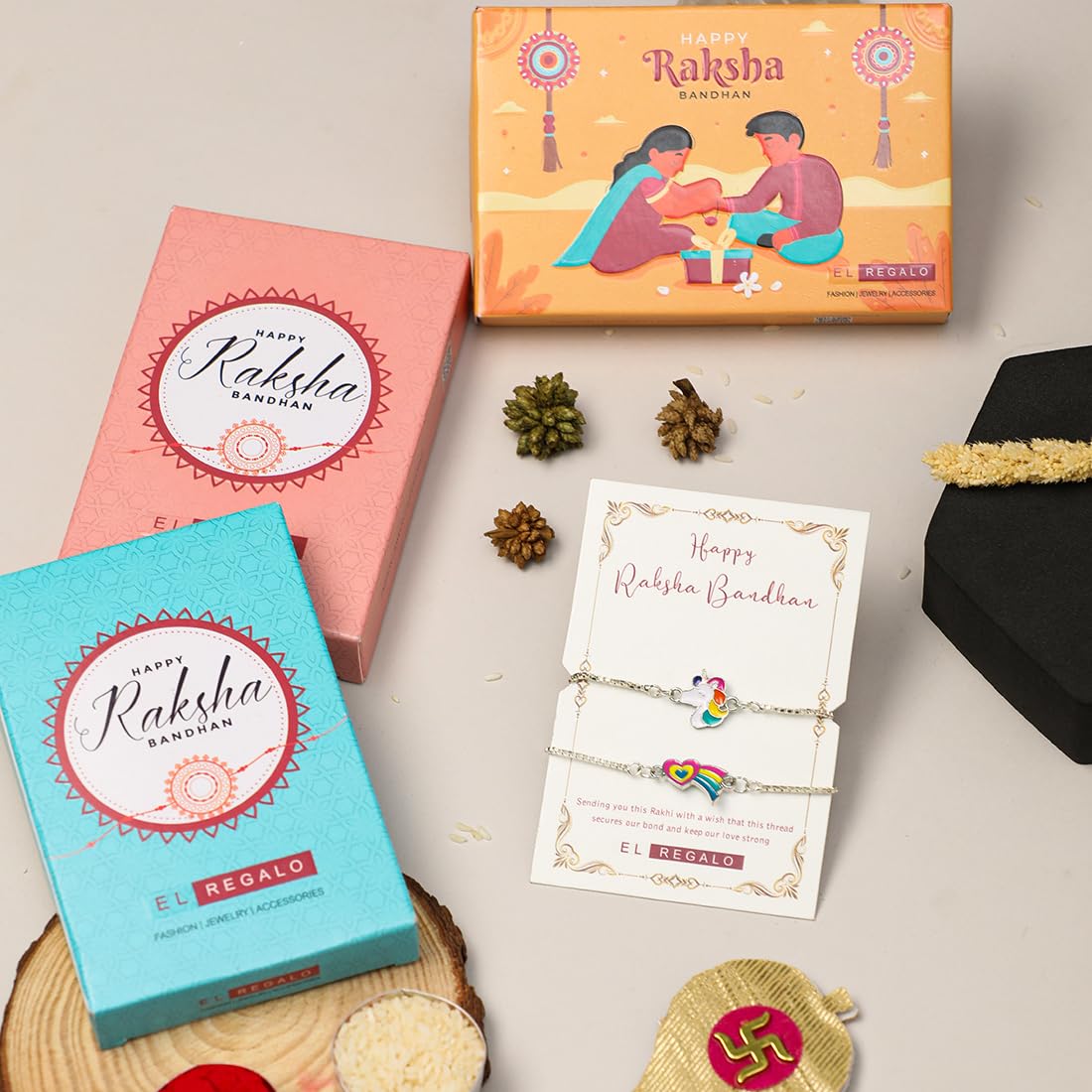 El Regalo 2 PCs Cute Kids Fancy Bracelet Rakhis Set - Beautiful 2 Kids Rakhis Combo with Roli Chawal, Rakhi Message Card in Rakhi Gift Box for Little Brother/Niece/Nephew (Unicorn & Rainbow Heart)