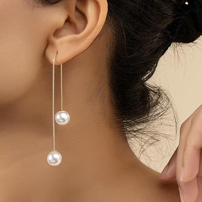 El Regalo Elegant Pearl Drop Threader Earrings for Women & Girls | Gold Long Wire Hook Double Pearls Earrings | Minimalist Jewelry for Office, Party, Wedding, Festivals