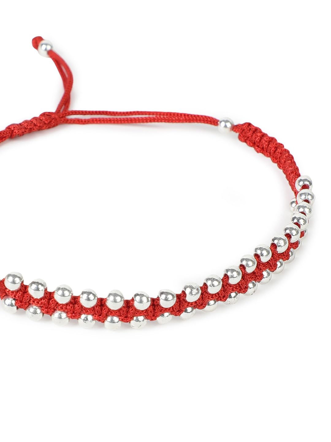 El Regalo Minimalist Beaded Bracelet Rakhi For Bhai, Red Thread & Silver Beads, 25cm, Silver Red