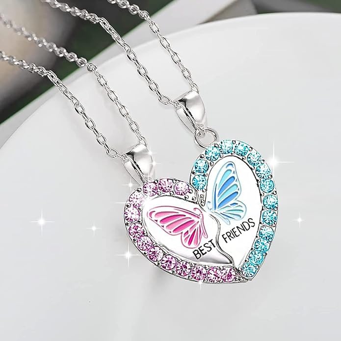 El Regalo 2PCs BFF Magnetic Heart Best Friend Pendant Necklaces for Girls - BF Best Friends Jewelry ift for Besties Birthday/Friends Day/Valentines day (BF Butterfly)