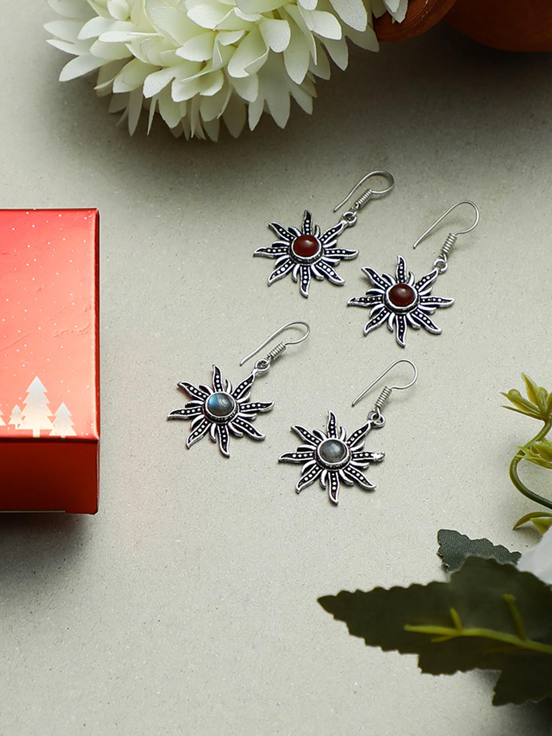 El Regalo Women's & Girl's 2 Pairs Of Contemporary Surya (Sun) Earrings With Natural Stones- Gift For Her (Option-2)