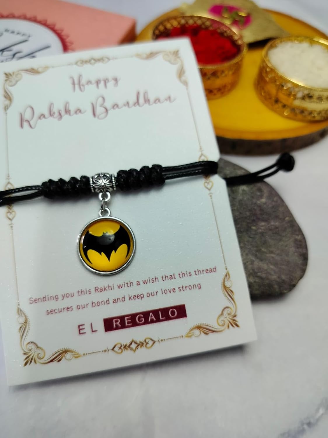 El Regalo 1PC Superhero Kids Rakhi- Fun Kids Bracelet Rakhi with Roli Chawal, Rakhi Message Card in Rakhi Gift Box for Little Bro/Sister/Niece or Nephew (Batman Black Rakhi)