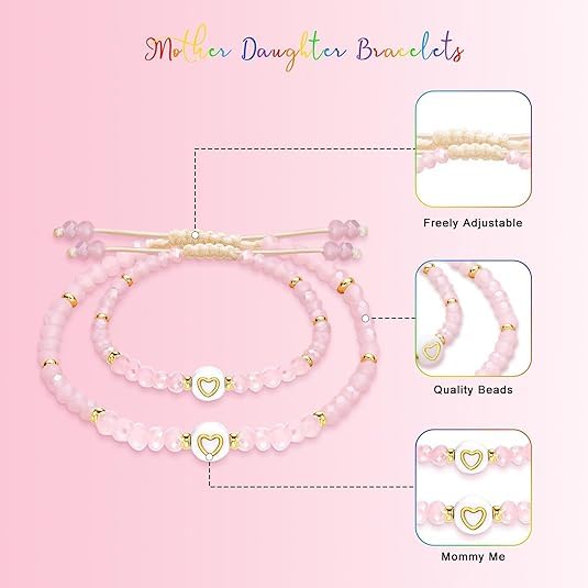 El Regalo Mother Daughter Matching Bracelet Set for 2 | Mama Mini Bead Bracelets | Mommy and Me Adjustable Heart Bracelet Set | Pink Crystal Beaded Mom-Daughter Bracelet for Women Girls (Heart)