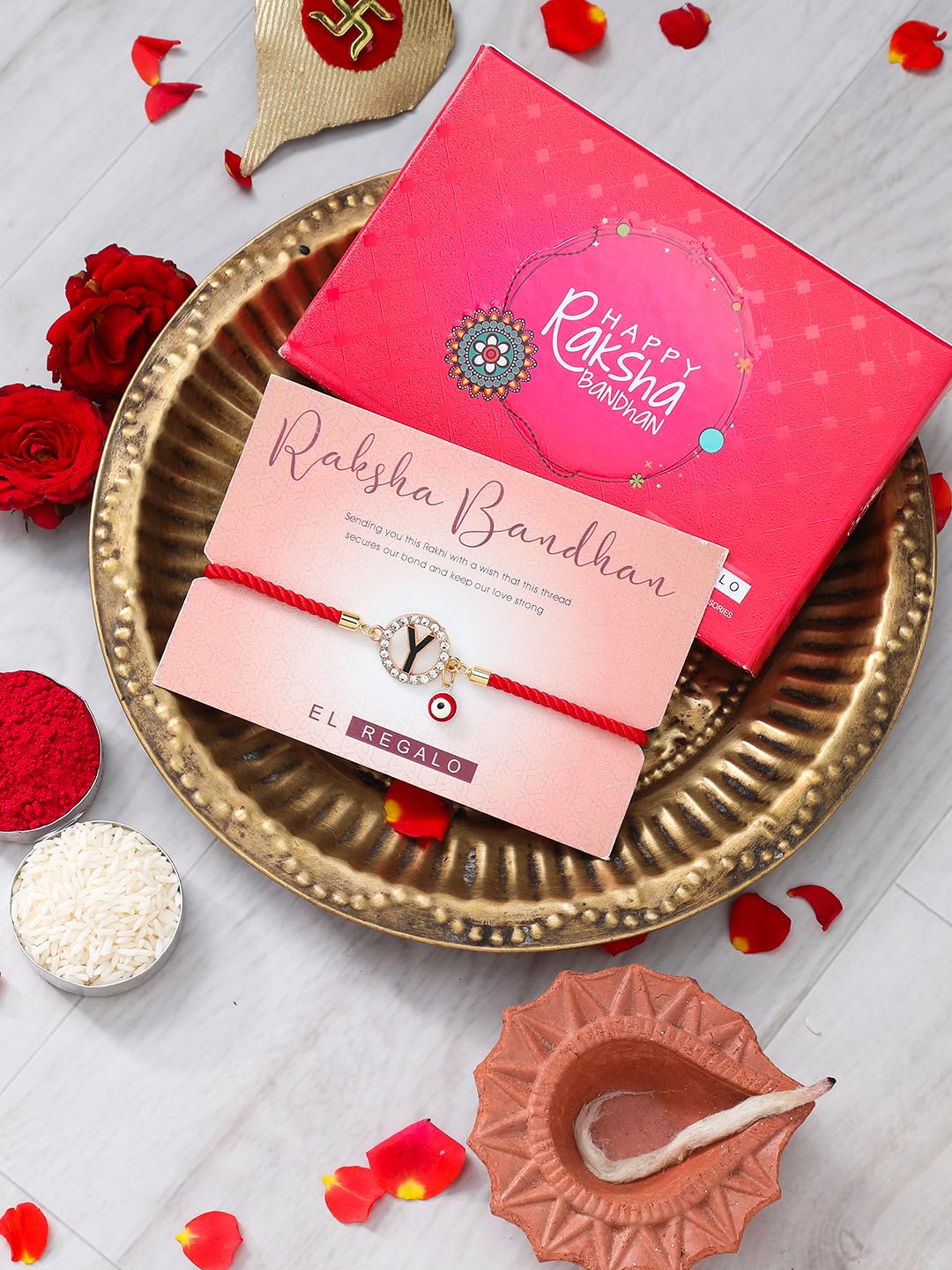 El Regalo Name Initials Evil Eye Bracelet Rakhi for Brother- Name Letter CZ Rakhi with Roli Chawal, Message Card in Rakshabandhan Box for Bhai (Red- Y)
