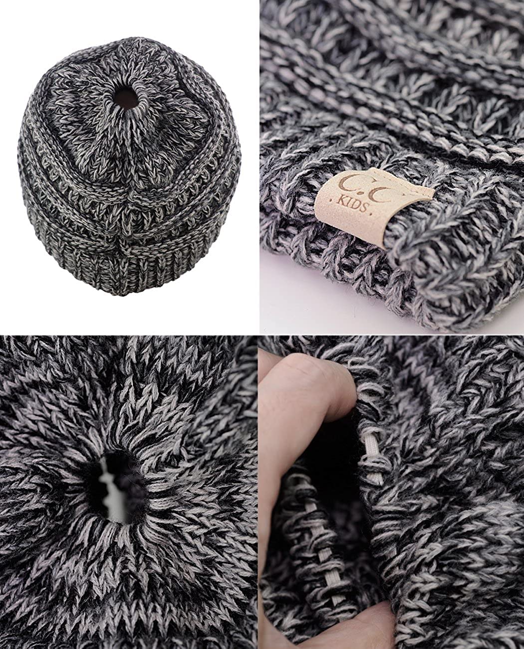 El Regalo Kids' Winter Ponytail Beanie - Messy Bun Ribbed Hat Cap for Girls (2 to 13 Years) - Multi Color Skull Cap With Tail (3 Tone Grey Shades)