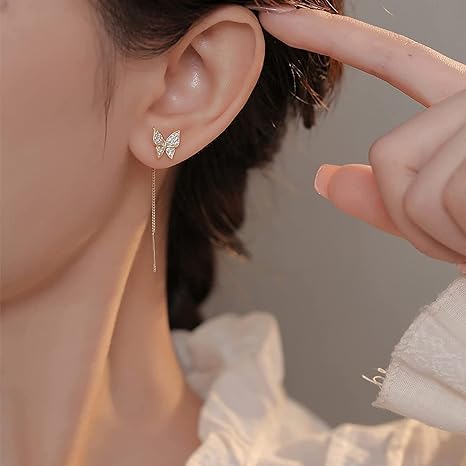 El Regalo CZ Butterfly Threader Chain Earrings for Women, Teen Girls- Butterfly Dangling Earrings- Rhinestone Butterfly Long Tassel Threader Dangle Earrings (Gold)