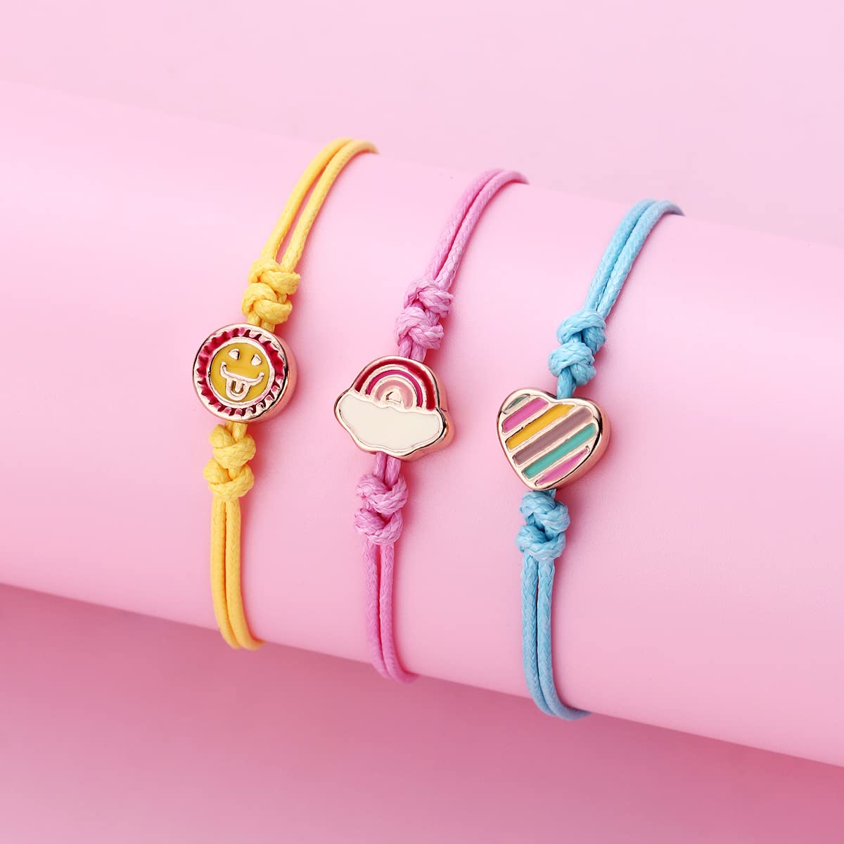El Regalo 3pcs/set Multicolor Unicorn Heart Smilies Rainbow Stars Camera Cloud Handmade Woven Rope Thread Braided Bracelet with Spray Lacquer Accessories For Kids/Girls/Teens (Option-3)