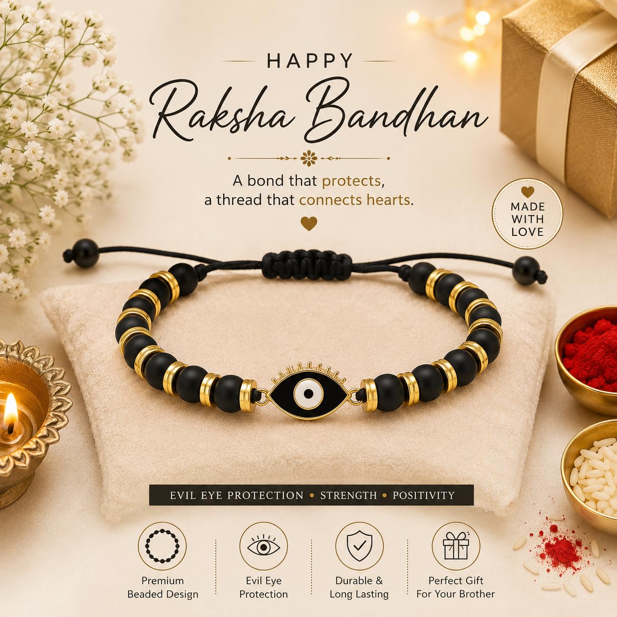 El Regalo Elegant Evil Eye/Hamsa Hand Rakhi for Brother- Beautiful Bracelet Rakhi for Bhai with Roli Chanwal, Message Card in Rakshabandhan Box (Evil Eye)