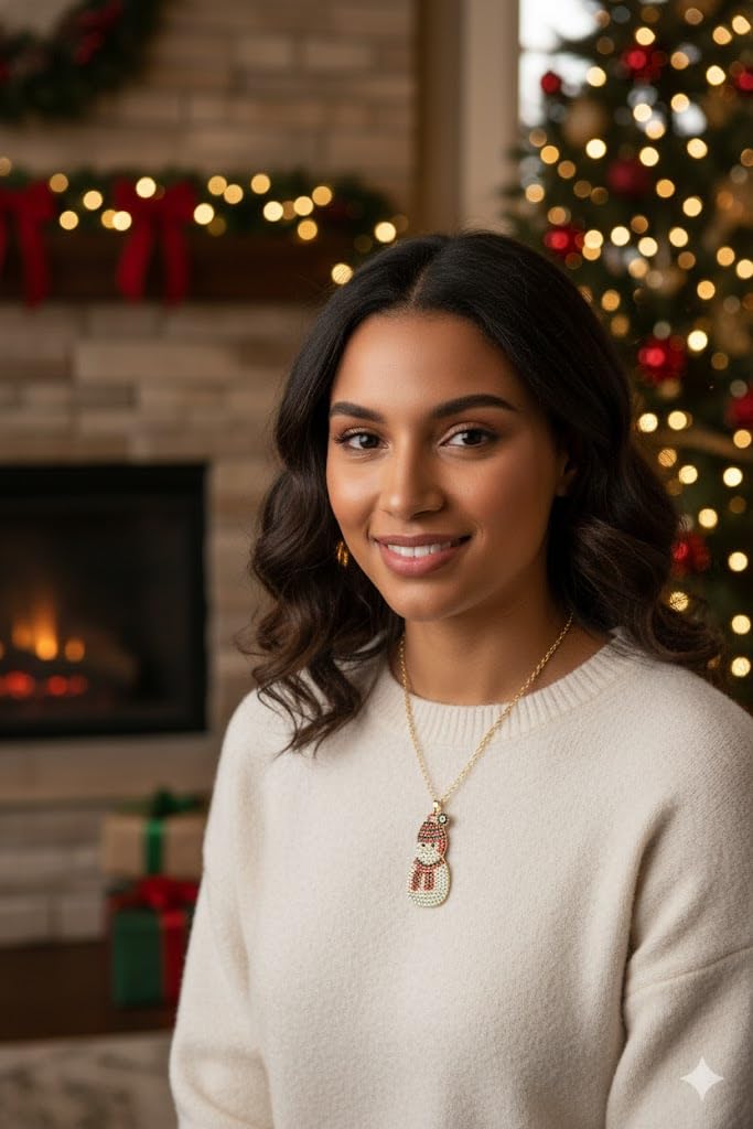 El Regalo Christmas Pendant Necklace Set for Women & Girls - Sparkling Snowman, Reindeer & Snowflake Long Chain Jewelry | Festive Xmas Accessories | Rhinestone & Enamel Christmas Necklaces (Xmas Snowman)