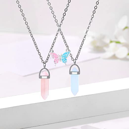 El Regalo 2Pcs/Set Resin Crystal Bff Best Friend Magnetic Butterfly Couple Matching Split Heart Pendant Necklaces For Besties/Best Friends/Couples - Valentines Day Gift - Unisex-Adult
