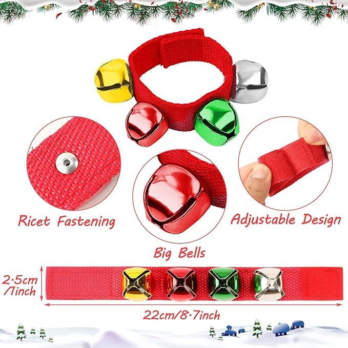 El Regalo 2PCs Jingle Bells Christmas Bracelets | Wrist & Ankle Bells for Party Favors, Musical Rhythm & Christmas Decor | Adjustable Percussion Instruments (Red Multi)