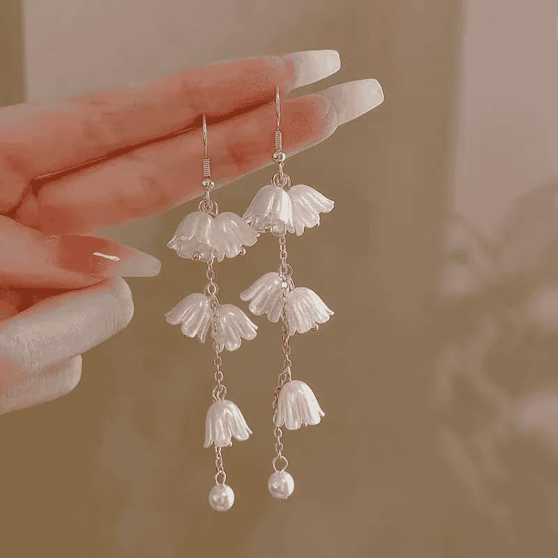 El Regalo Elegant White Floral Dangle Earrings- Delicate Cascading Flower Bell Earrings for Women & Girls