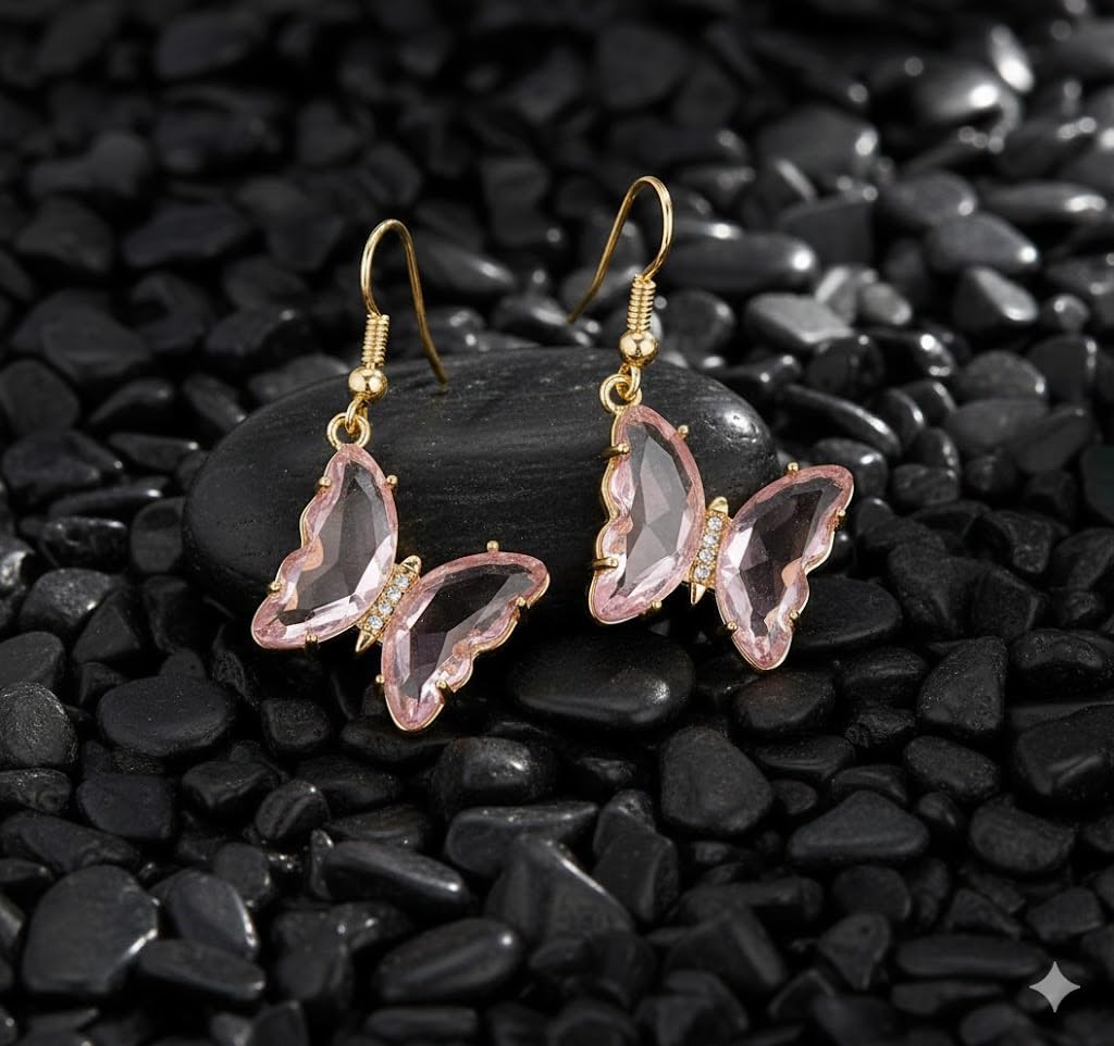 El Regalo Butterfly Drop Earrings for Women | Gold Plated Crystal Butterfly Dangle Earrings | Earrings for Girls | Cute Fashion Earrings (Pink)