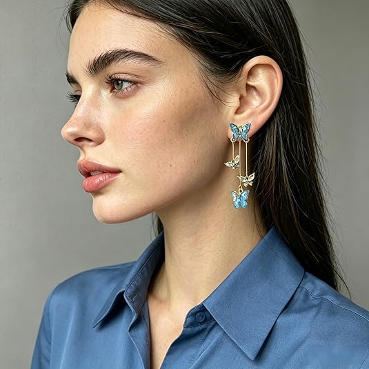 El Regalo Cute 3D Crystal Butterfly Tassel Earrings for Women & Girls | 18K Gold Plated Long Hanging Drop Linear Earrings | Elegant Korean Aesthetic Western Party Jewelry (Blue)