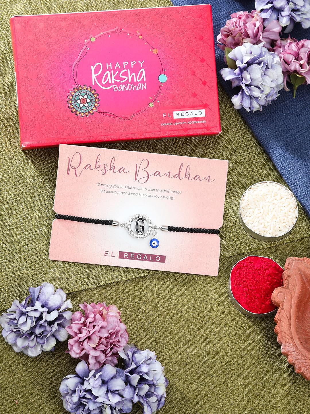 El Regalo Name Initials Evil Eye Bracelet Rakhi for Brother- Name Letter CZ Rakhi with Roli Chawal, Message Card in Rakshabandhan Box for Bhai (Black-G)