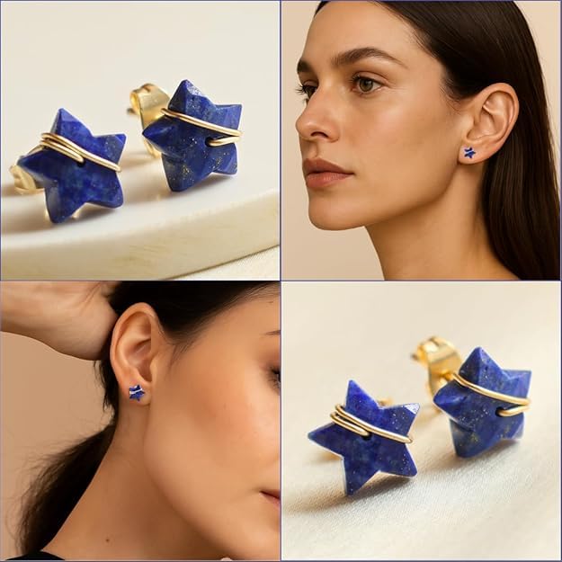 El Regalo Natural Stones Star Stud Earrings- Handcfated Wire Wrapped Celestial Star Earrings for Girls & Women (Blue Lapis Lazuli)