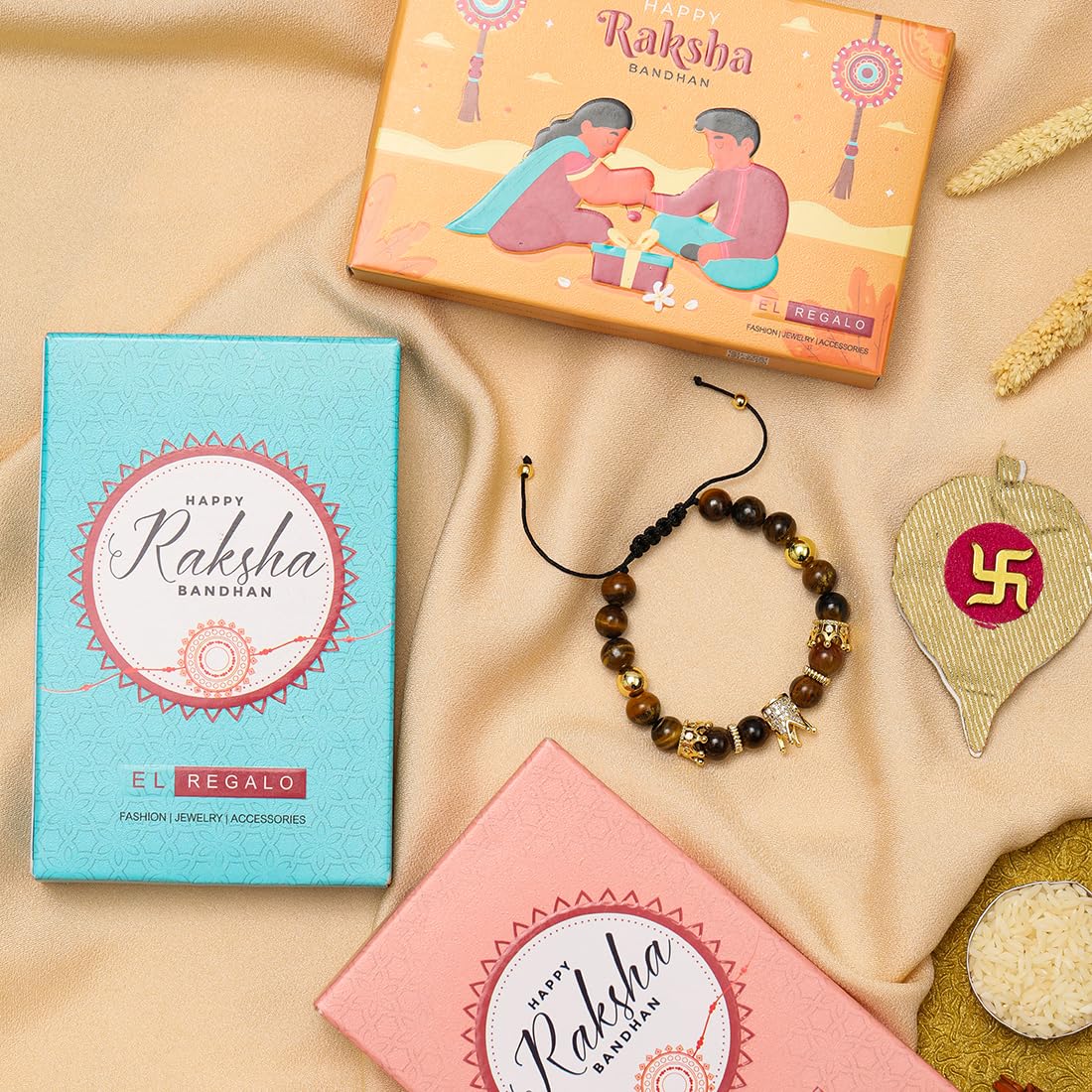 El Regalo 1 PC Natural Stones AD King Crown Rakhi for Brother/Bhai- Designer Handcrafted Natural Stones Rakhi with Roli-Chawal Shagun, Rakhi Message Card in Rakhi Gift Box (Brown & Golden)